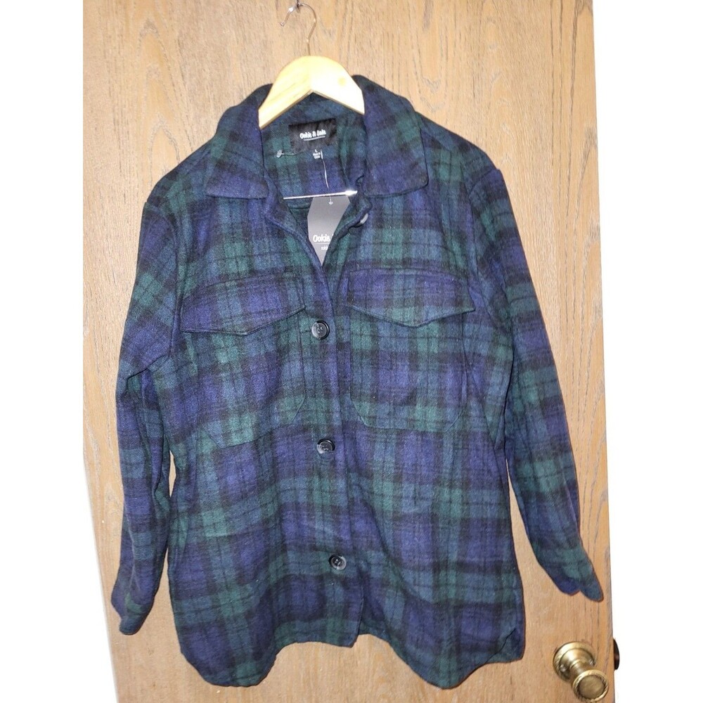 Ookie & Lala Shacket Green and Navy Blue Plaid Flannel Jacket Women's Size Large